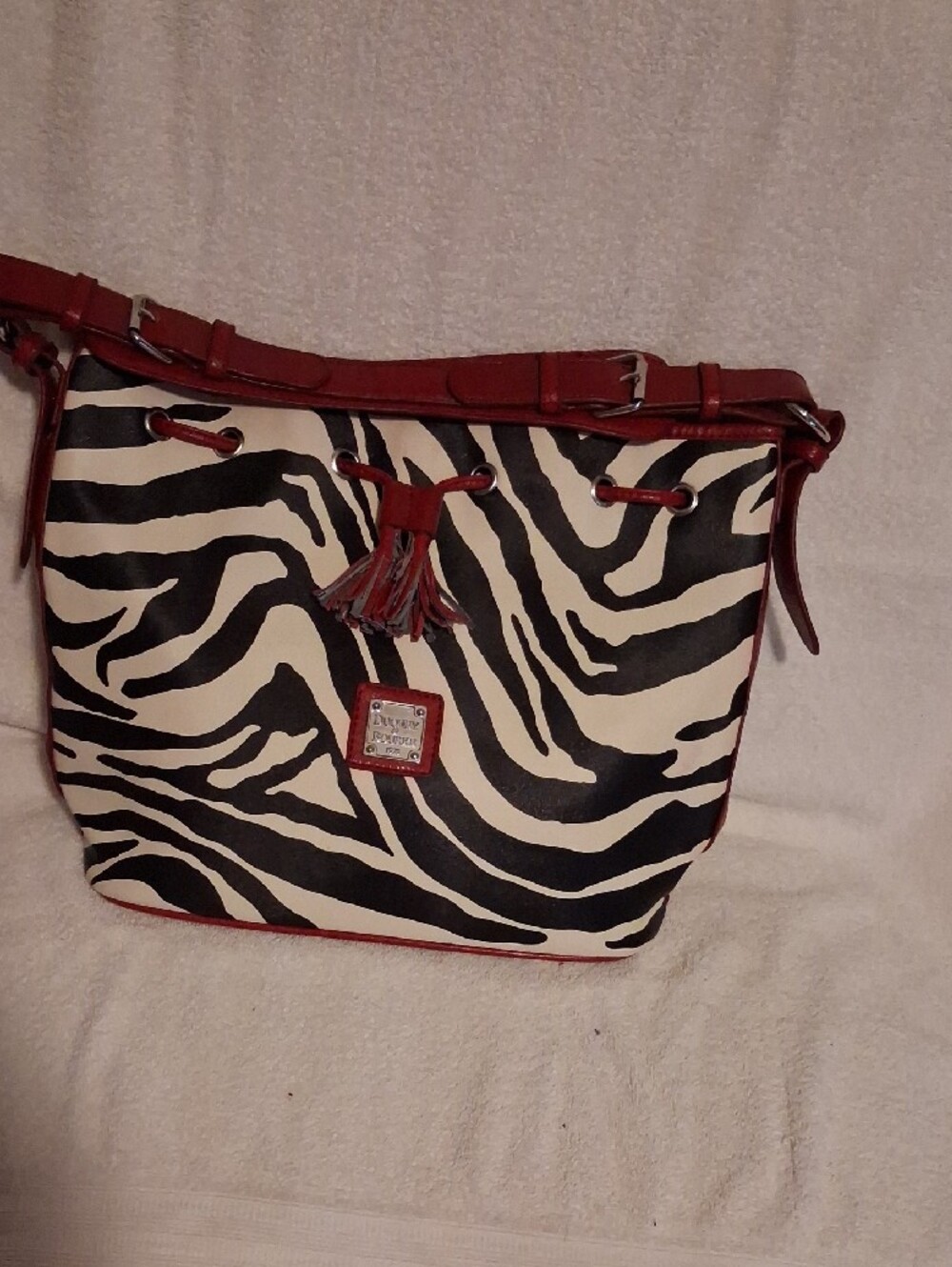 Dooney & Bourke Black and Cream Zebra-Print Shoulder Bag with Red Trim - Picture 14 of 14